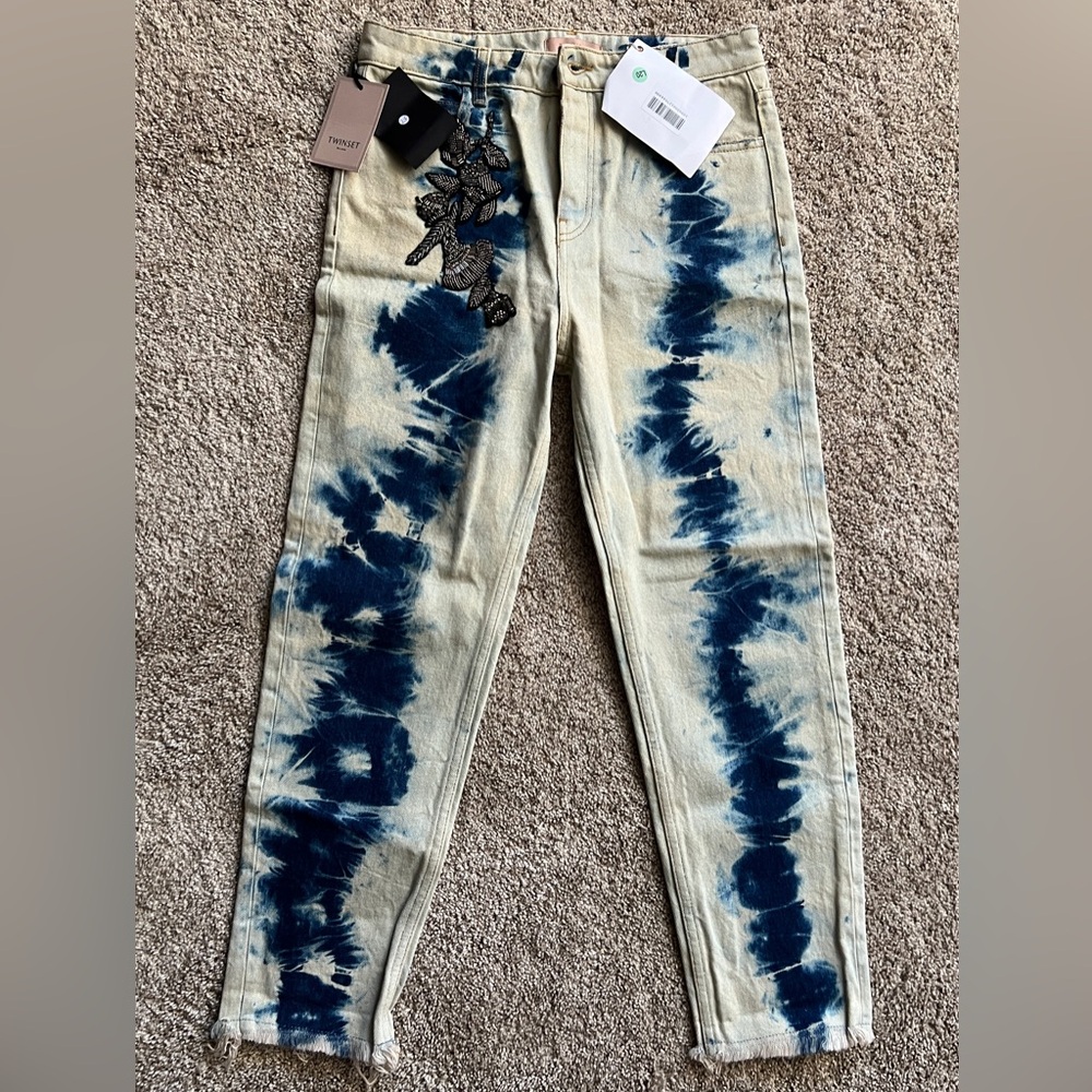 TWINSET Milano Women’s Blue Tie-Dye Barrel-Leg Embroidered Designer Jeans Sz 27